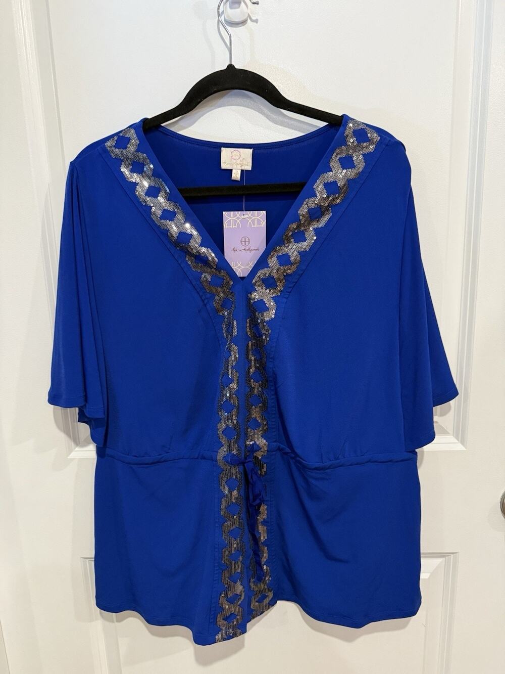 Hot in Hollywood Sequin V Neck Flutter Sleeve Blouse Top Size 1X Sapphire Blue